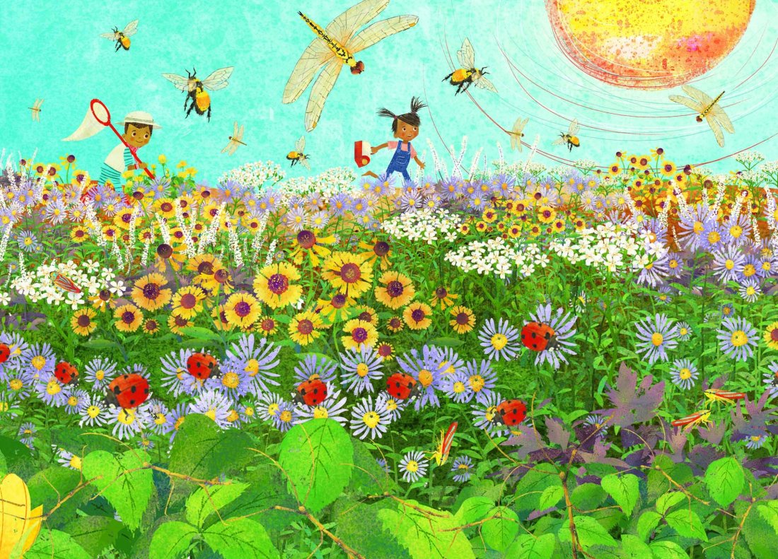 Page from 100 Bugs! with children searching for bugs in a field