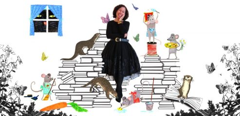 vivian with illustrated books and characters surrounding her